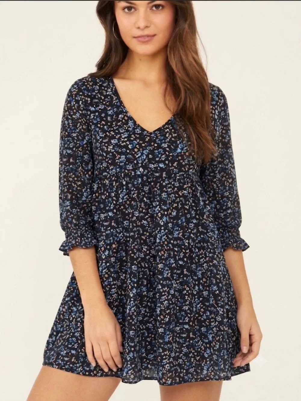 La La Land Creative Co. Navy Blue Floral Babydoll Mini Dress XS Cottagecore